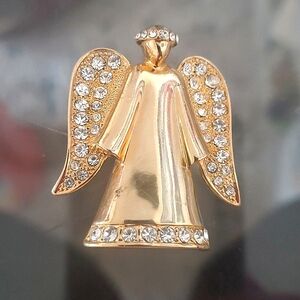 Monet Holiday Angel Brooch Pin Goldtone Rhinestones Christmas in July Pin